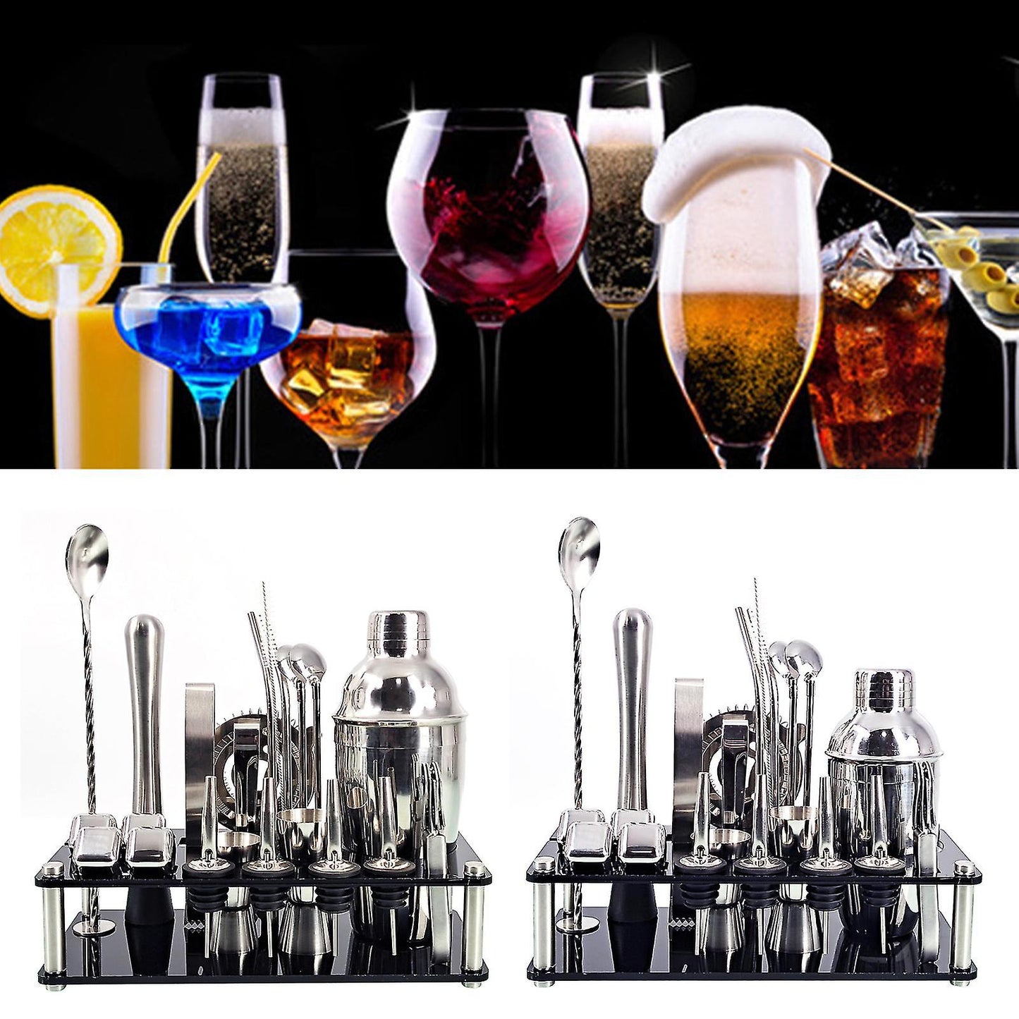 Skorter | 23pcs/Set Bartender Kit Professional Versatility Stainless Steel Martini Cocktail Shaker with Stand Bar Accessories