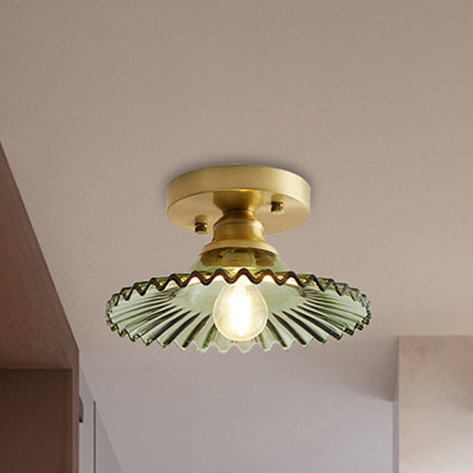 1 Light Flared Semi Flush Light Industrial Clear/Green Ribbed Glass Ceiling Mount for Living Room