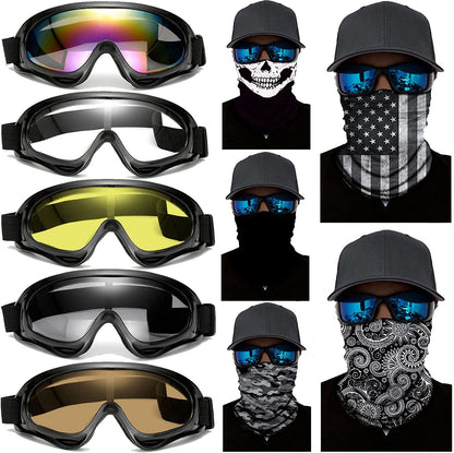 Skorter | 10 Packs Motorcycle Accessories, 5PCS Mountain Bike Ski Goggles Dustproof Windproof Safety Glasses and 5PCS Face Masks