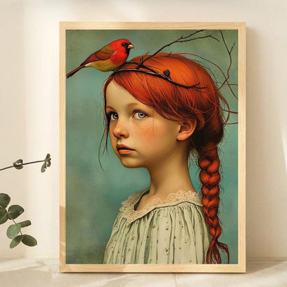 Skorter | 1-piece Art Deco Classic Modern Canvas Poster - Unframed Portrait of Girl and Cardinal, Wall Decoration for Home and Office Area