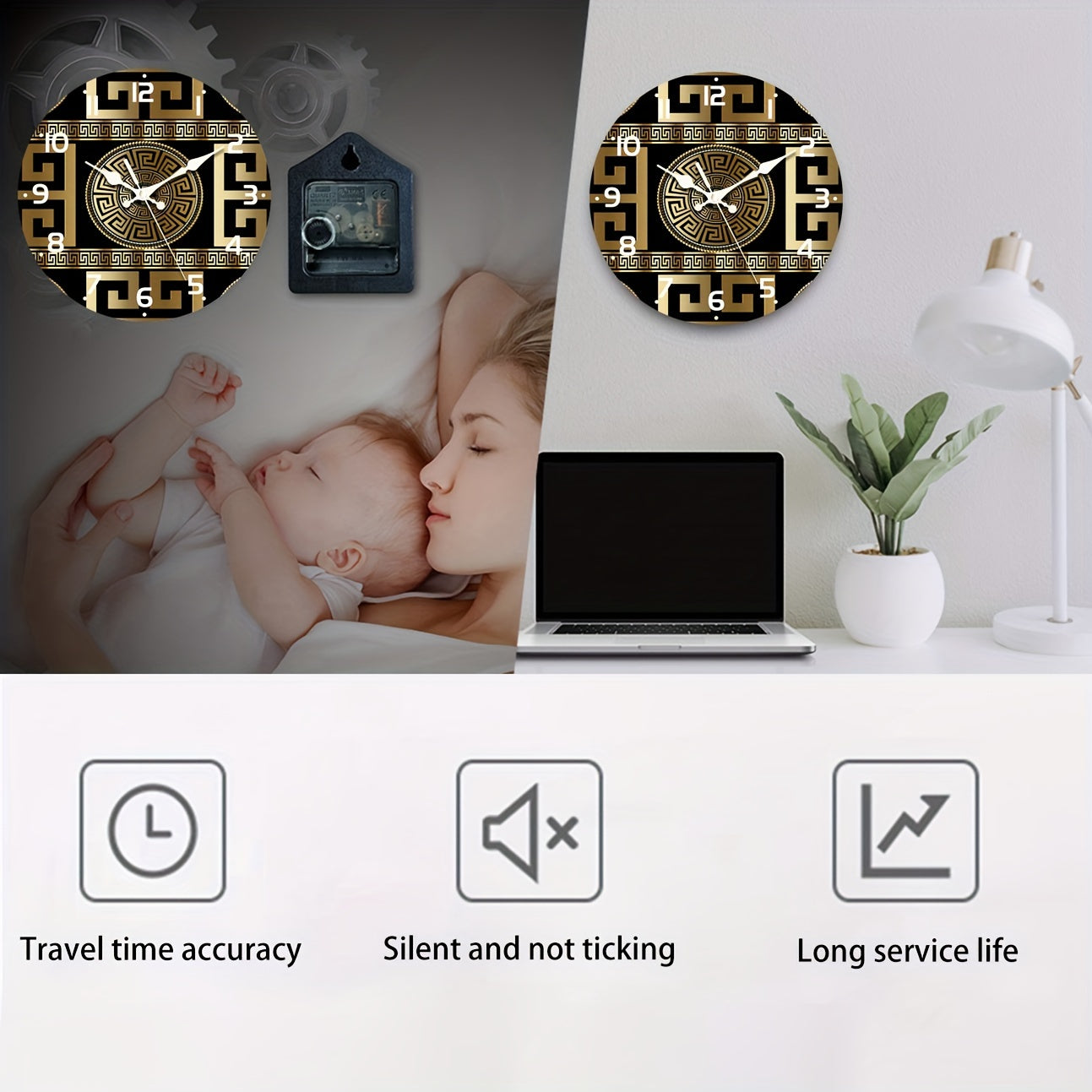 Skorter | Silent Non-Ticking Wooden Wall Clock - Greek Key Design, Quartz Mechanism