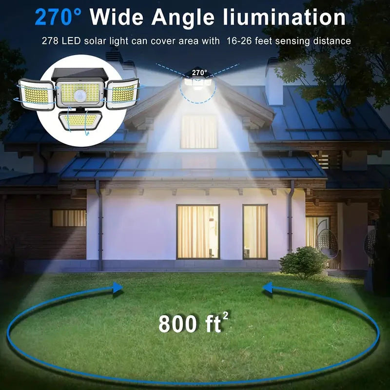 Skorter | 278LEDs 3000LM Motion Sensor 6500K Solar Powered, 4 Heads Security Floodlight, 300° Wide Angle Wall With 3 Modes