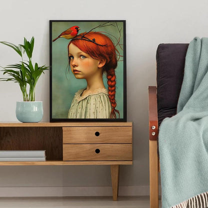 Skorter | 1-piece Art Deco Classic Modern Canvas Poster - Unframed Portrait of Girl and Cardinal, Wall Decoration for Home and Office Area
