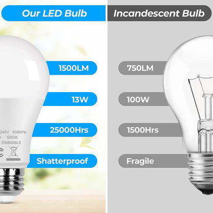Skorter | 12-Pack A19 LED Bulbs, 100W Equivalent Bulbs, 13W 5000K Daylight White LED Bulbs with Standard E26 Medium Base