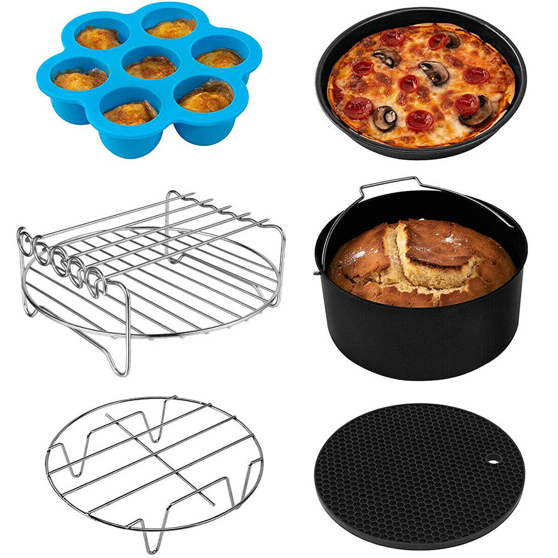 Skorter | 6Pcs 8inch Round Air Fryer Accessories Baking Tray Basket Rack Chip Pizza Pan -