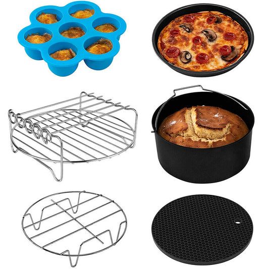 Skorter | 6Pcs 8inch Round Air Fryer Accessories Baking Tray Basket Rack Chip Pizza Pan -
