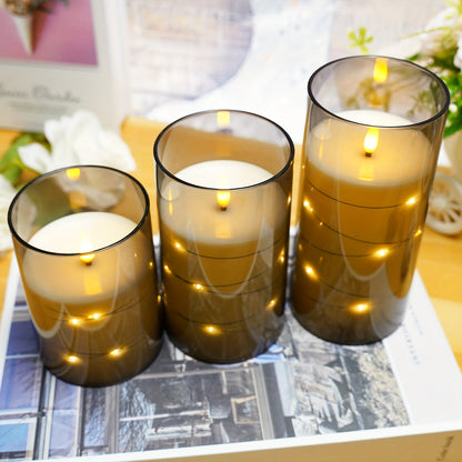 Skorter | Flameless LED Candle Holders With Star Shaped Light Chain – 3-Pack Gray (D3*H10.16cm12.7cm15.24cm) Included Remote Control & Timer