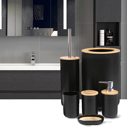 Skorter | 6 Piece Bath Set - Soap Dish Toothbrush Holder Rinsing Container Lotion Bottle Trash Can Toilet Brush - Practical Toilet Set for Home Laundry Room, Black