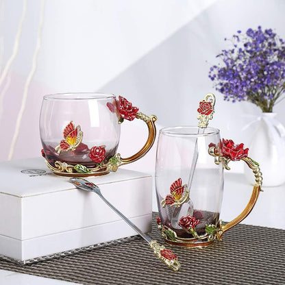 Skorter | Enamel Rose Glass Tea Cup Set (With Spoon)