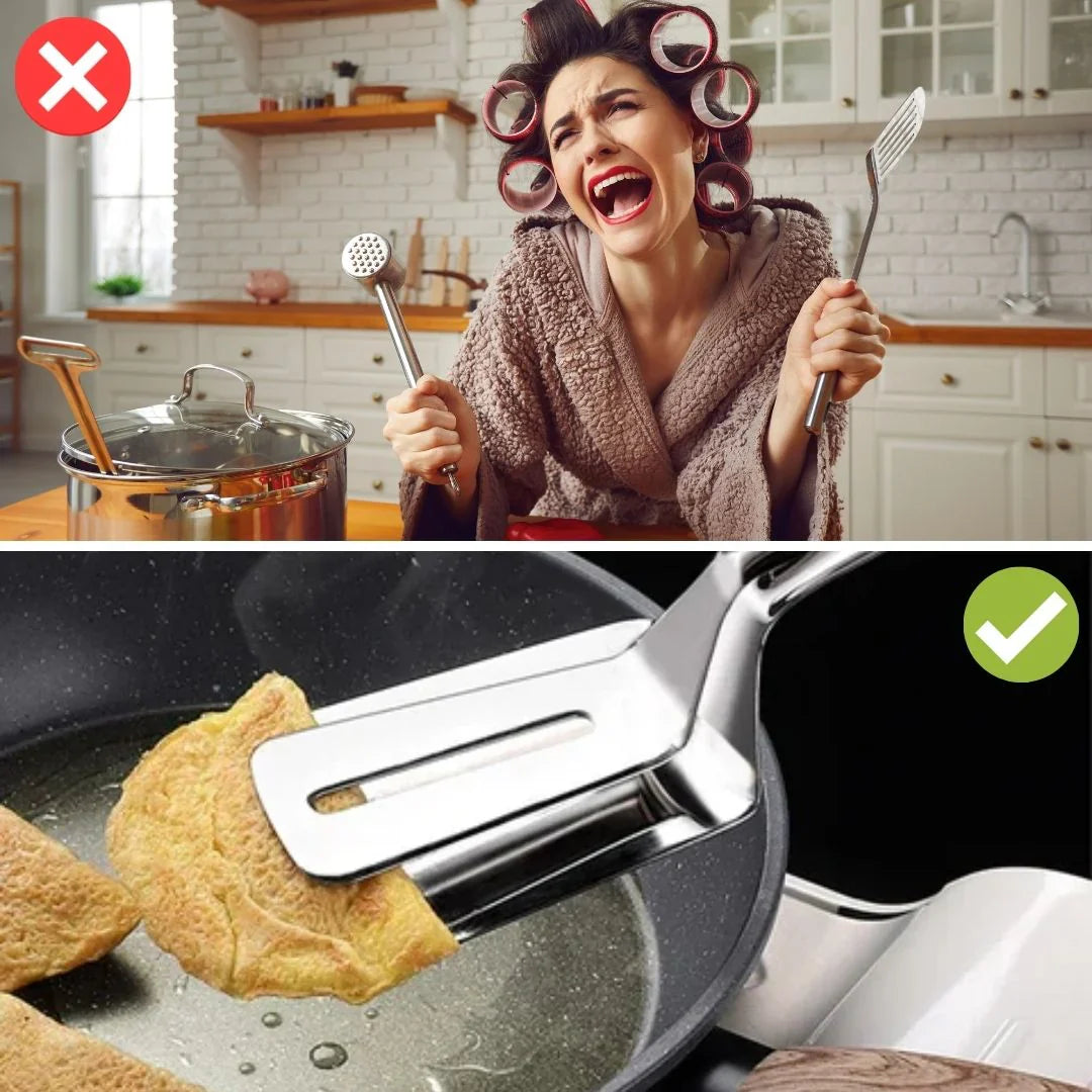 Skorter | Double-sided stainless steel turner with non-slip handle – Ideal for grilling and frying