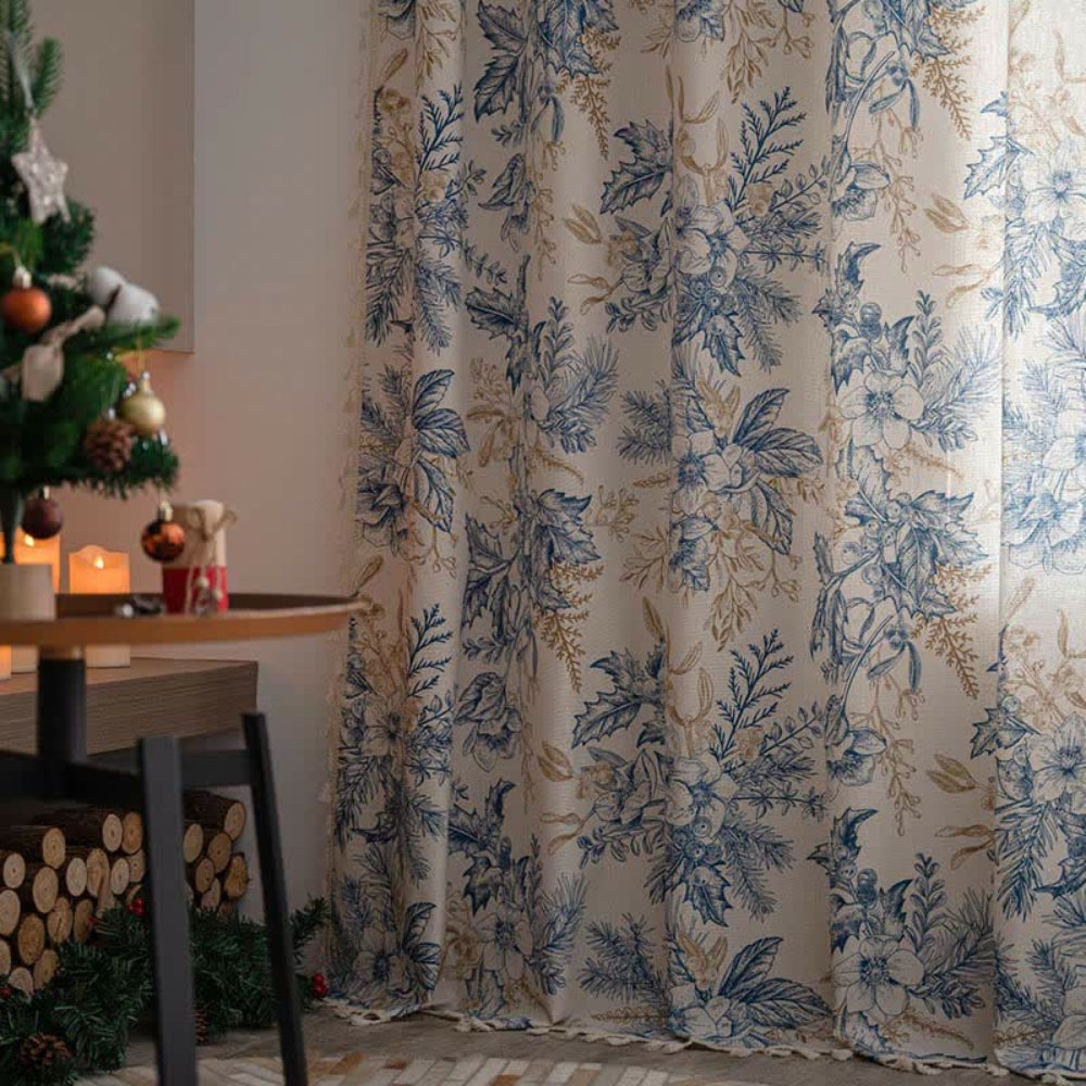 Skorter | Farmhouse Botanical Blue Floral Curtain