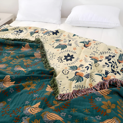 Skorter | Embroidered Cotton Throw Blanket with Birds and Flowers