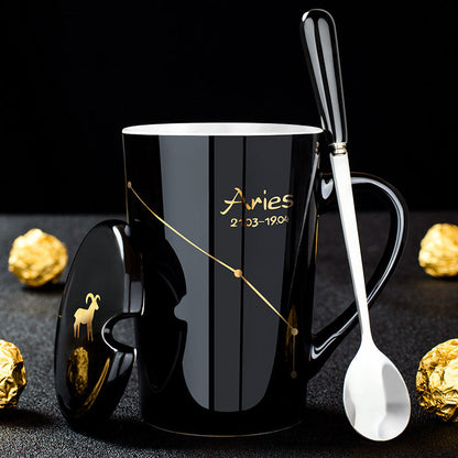 skorter | 12 constellations black ceramic mug with lid spoon
