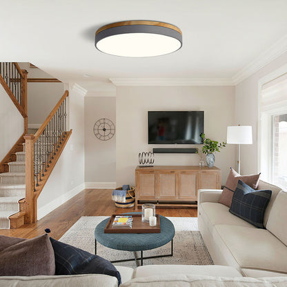 Skorter | Wooden Round Shape Flush Ceiling Light | LED. Solid Wood & Iron for Living Room. Dining Room & Hallway