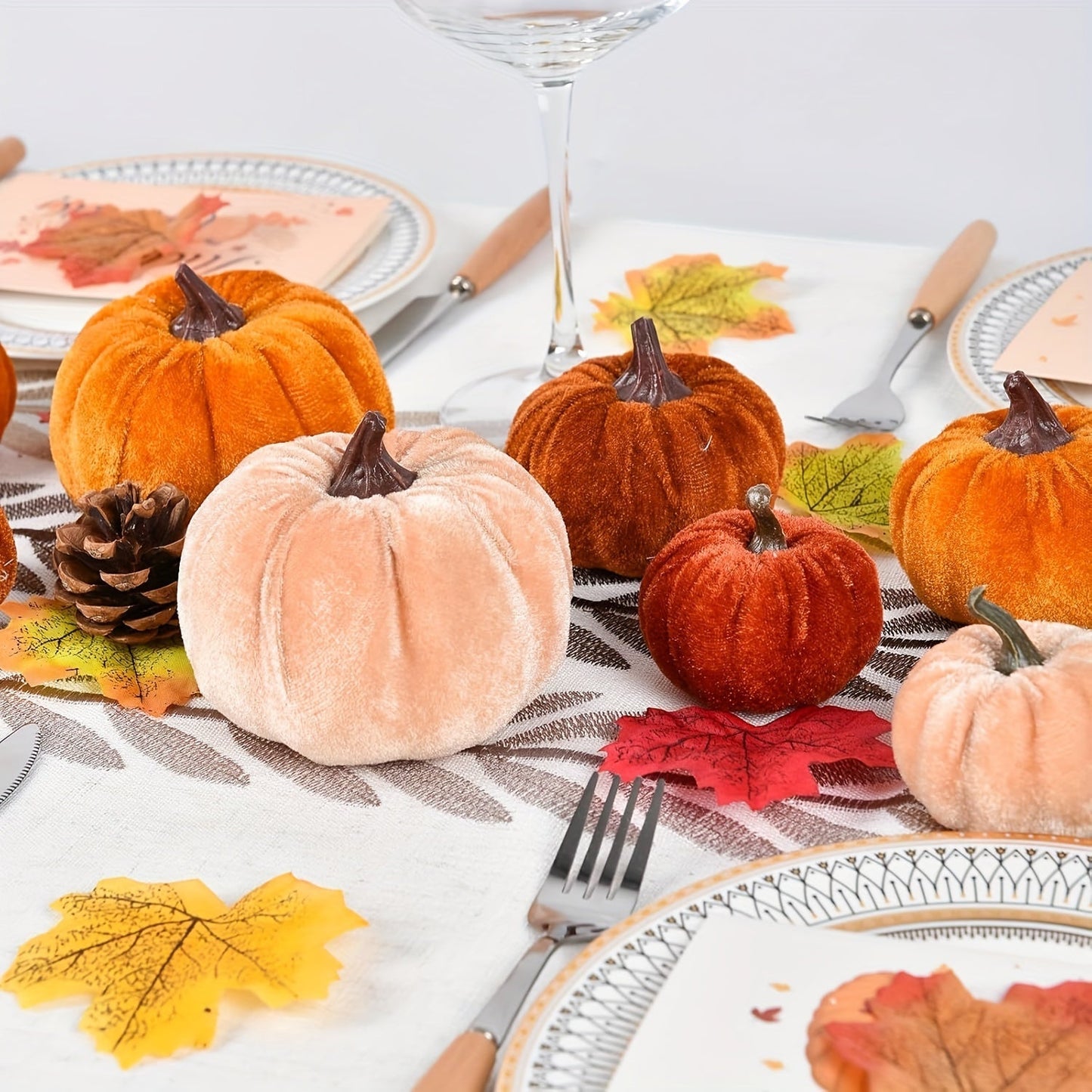 Skorter | Autumn Decoration Pumpkin Set – 12 Pieces Artificial Pumpkins with Velvet Finish