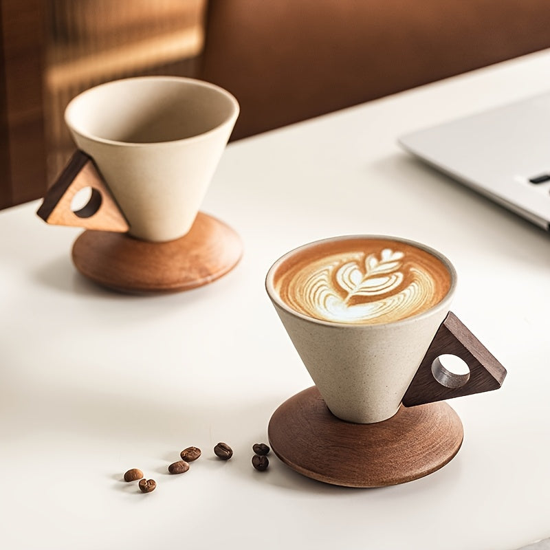 Skorter | BaristaLuxe Ceramic Coffee Cup 250ml – Handmade with Wooden Handle and Coaster