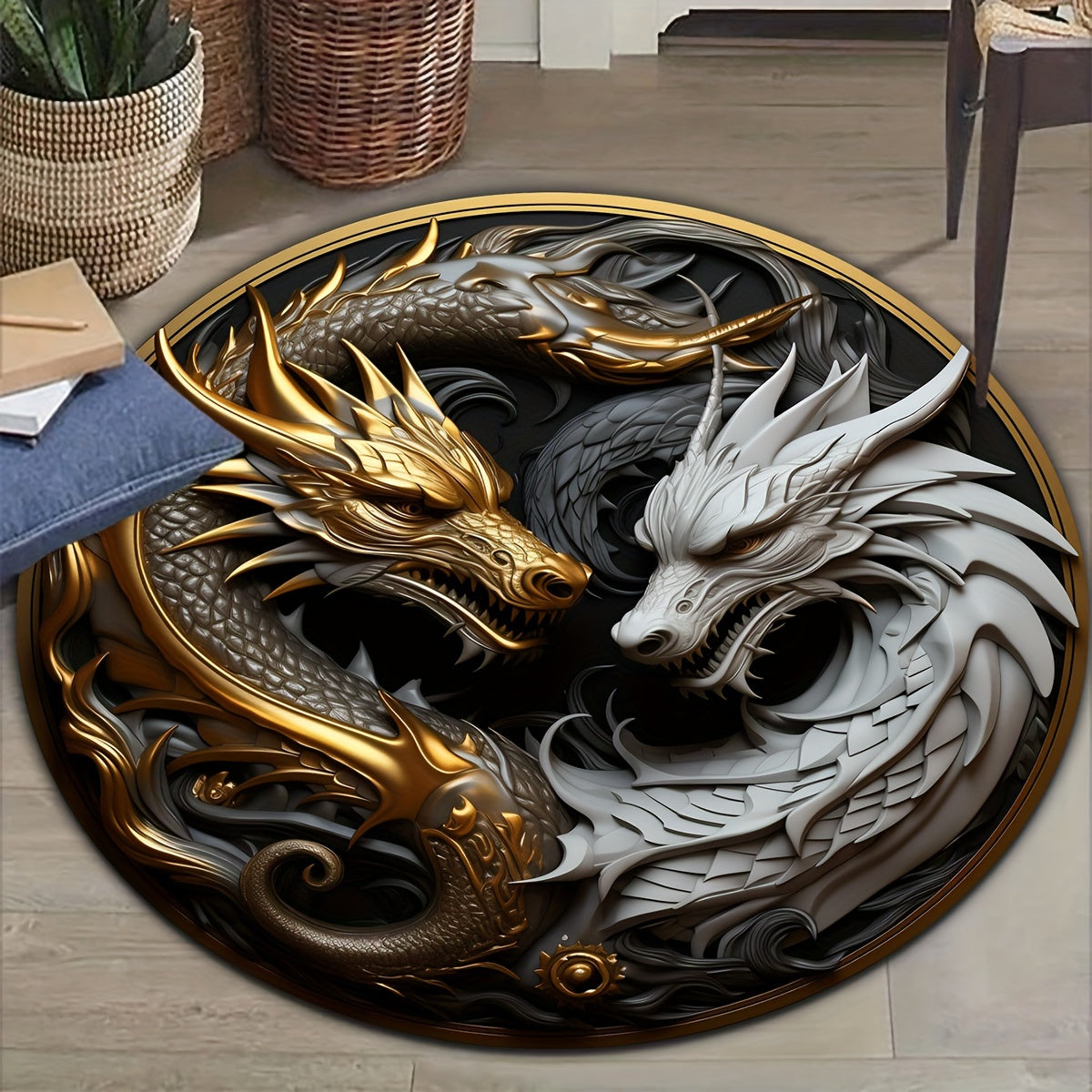 Skorter | 1pc Dragon Element Floor Carpet - Non-Slip Lounge Mat, Decorative Round Rug
