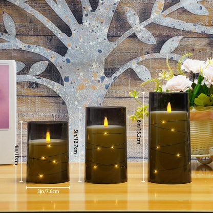 Skorter | Flameless LED Candle Holders With Star Shaped Light Chain – 3-Pack Gray (D3*H10.16cm12.7cm15.24cm) Included Remote Control & Timer