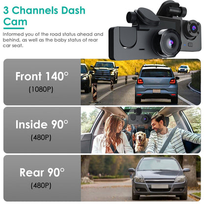 Skorter | 3 Channel Dash Cam Front Inside Back Vehicle Driving Recorder Car DVR