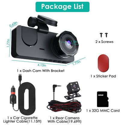 Skorter | 3 Channel Dash Cam Front Inside Back Vehicle Driving Recorder Car DVR