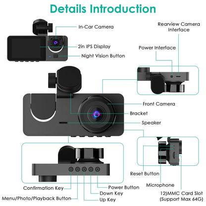 Skorter | 3 Channel Dash Cam Front Inside Back Vehicle Driving Recorder Car DVR