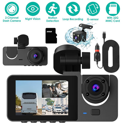 Skorter | 3 Channel Dash Cam Front Inside Back Vehicle Driving Recorder Car DVR