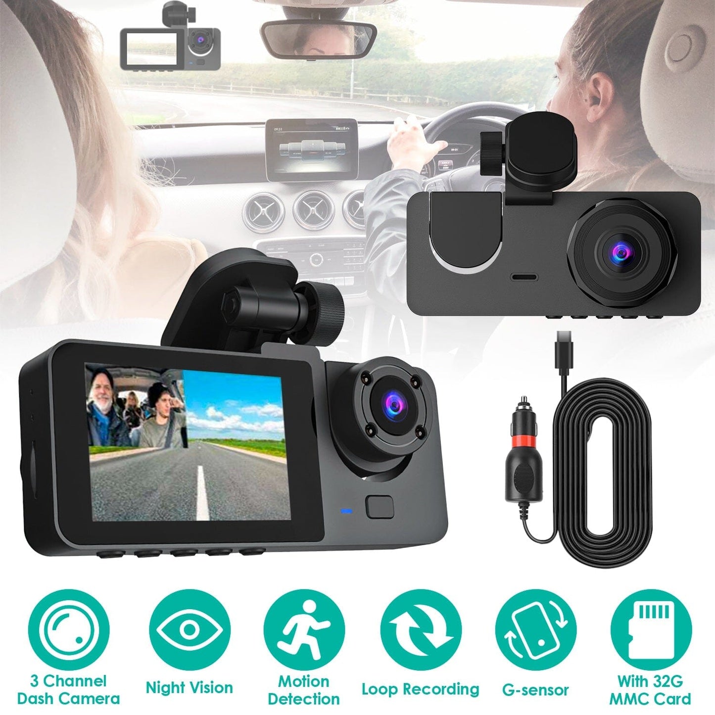 Skorter | 3 Channel Dash Cam Front Inside Back Vehicle Driving Recorder Car DVR