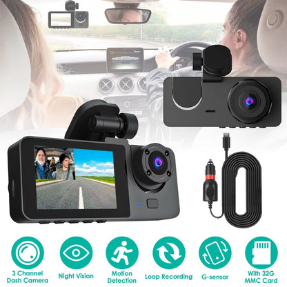 Skorter | 3 Channel Dash Cam Front Inside Back Vehicle Driving Recorder Car DVR