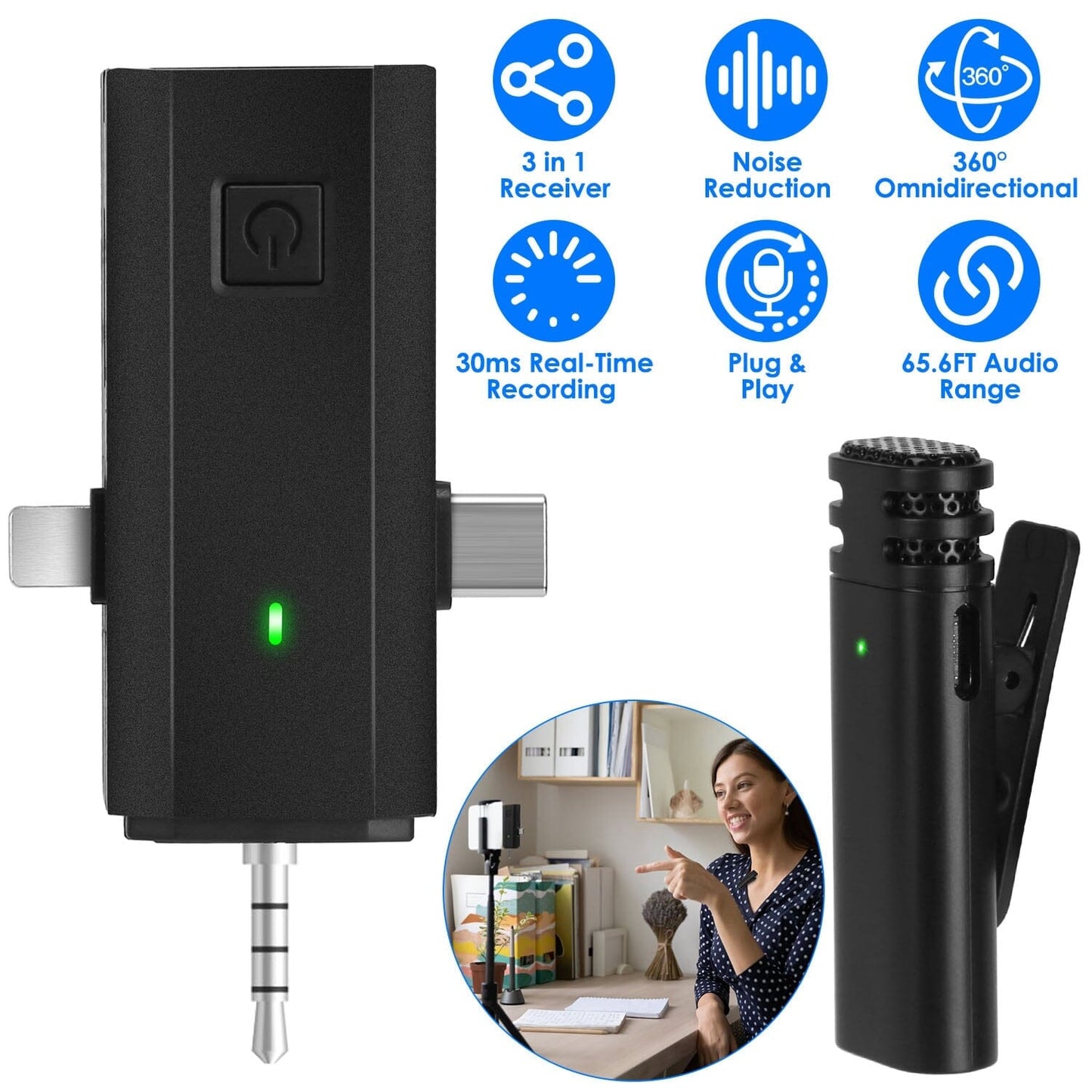 Skorter | 3-in-1 Wireless Clip Microphone Omnidirectional Noise Reduction Plug