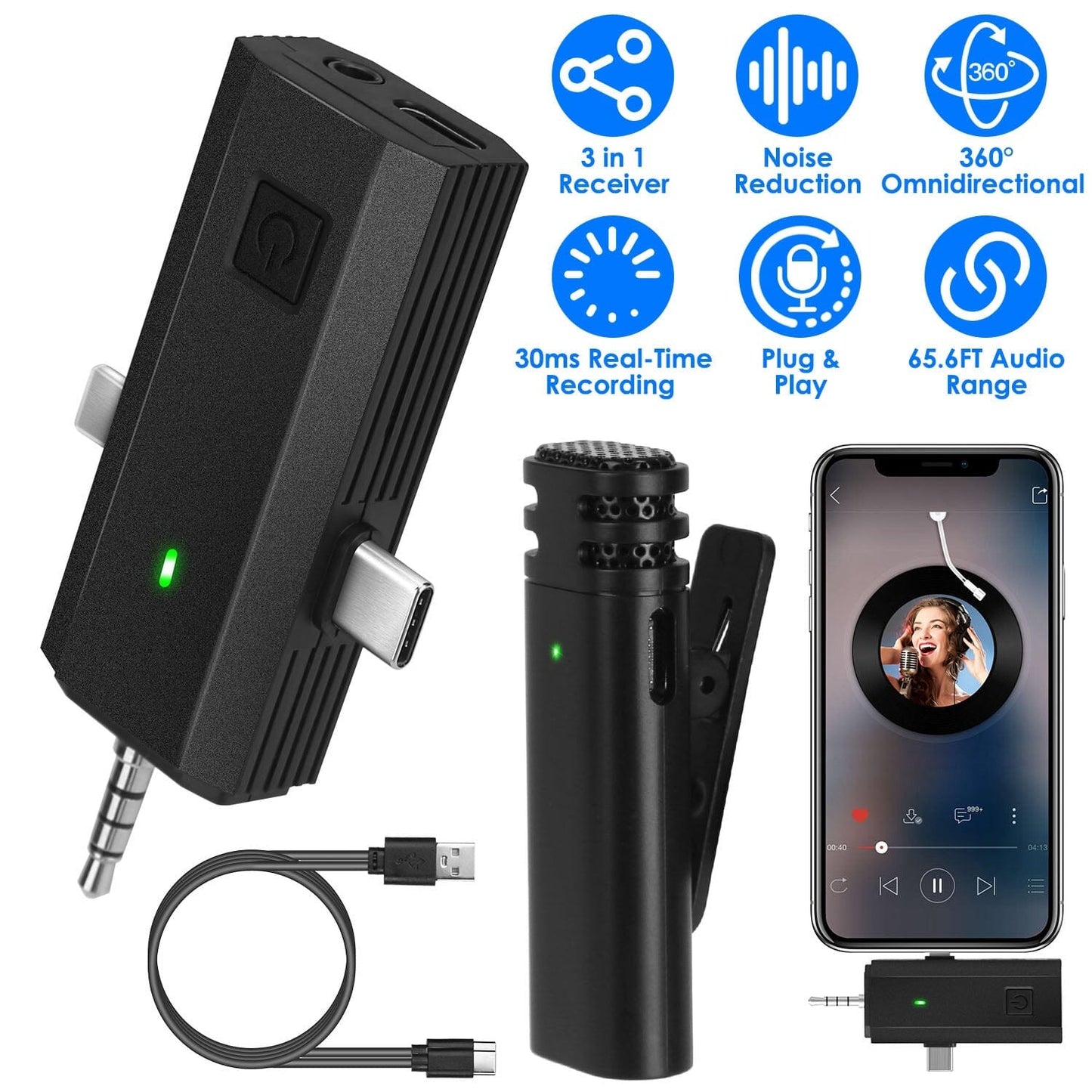 Skorter | 3-in-1 Wireless Clip Microphone Omnidirectional Noise Reduction Plug