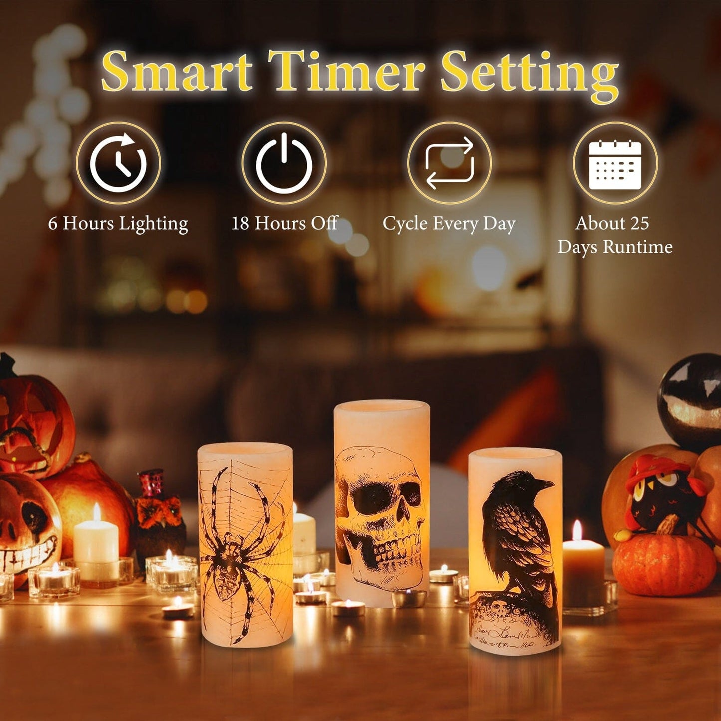 Skorter | 3-Pack: Halloween Battery-Powered Flameless Light with Timer Setting
