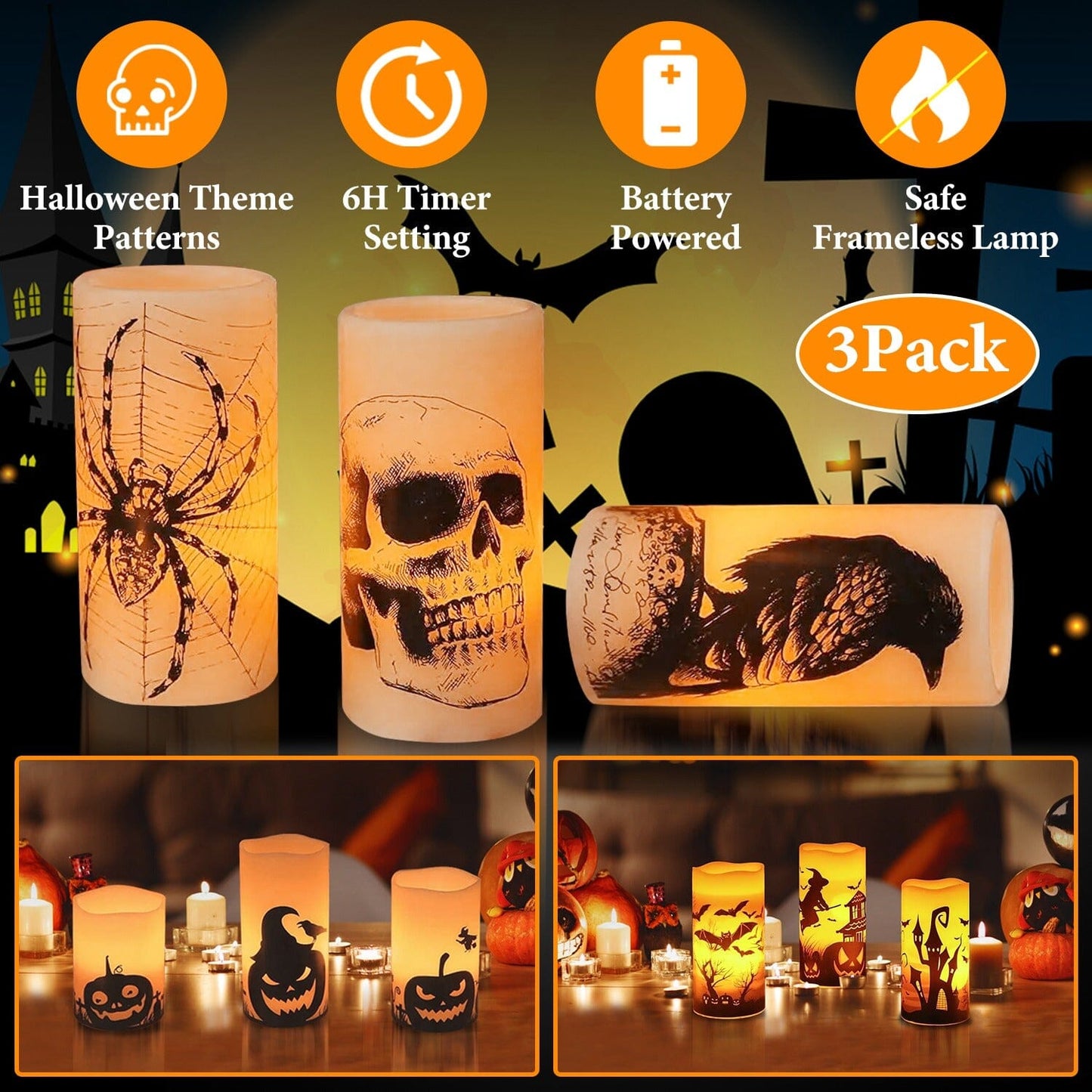 Skorter | 3-Pack: Halloween Battery-Powered Flameless Light with Timer Setting