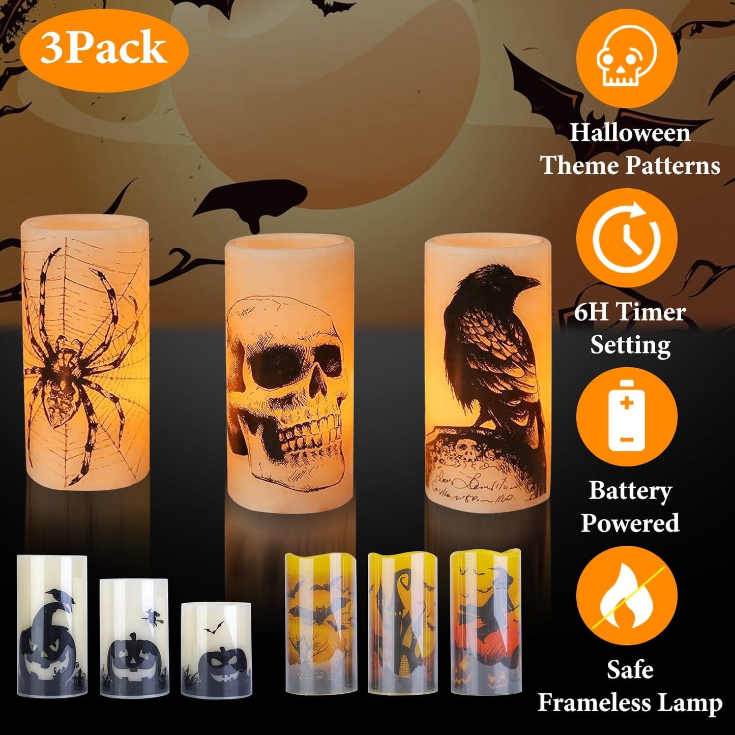 Skorter | 3-Pack: Halloween Battery-Powered Flameless Light with Timer Setting