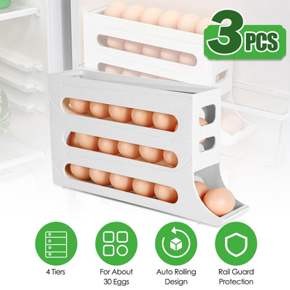 Skorter | 3-Pieces: 4-Level Egg Holder Auto Rolling Refrigerator Egg Organizer