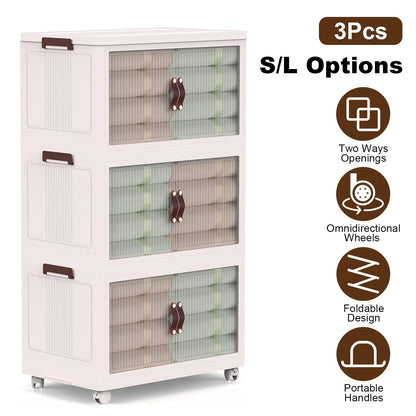 Skorter | 3-pieces: Collapsible storage boxes with lid Front magnetic door Collapsible stackable cabinet organizer