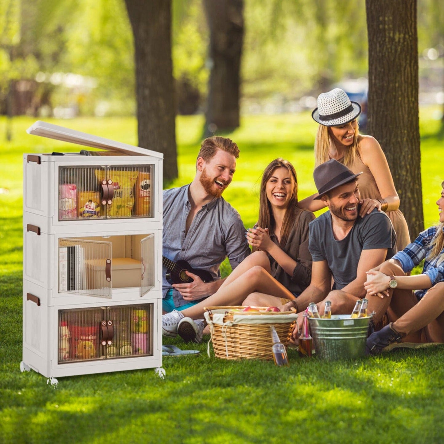 Skorter | 3-pieces: Collapsible storage boxes with lid Front magnetic door Collapsible stackable cabinet organizer