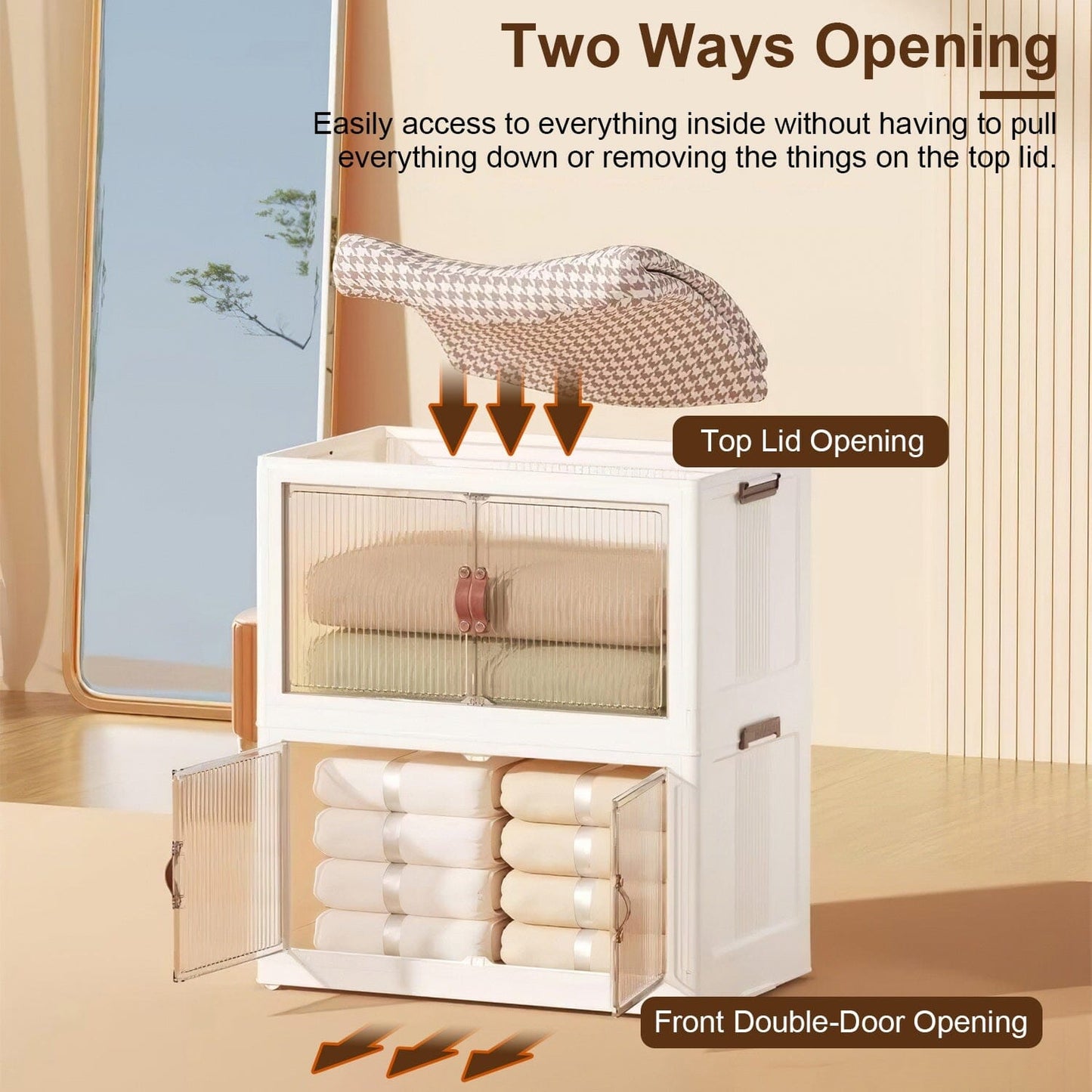 Skorter | 3-pieces: Collapsible storage boxes with lid Front magnetic door Collapsible stackable cabinet organizer