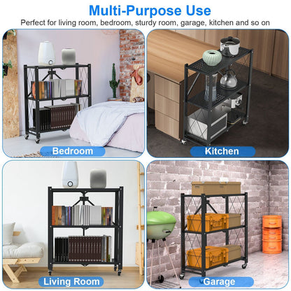 Skorter | 3-layer collapsible storage shelf system with lockable wheels No assembly