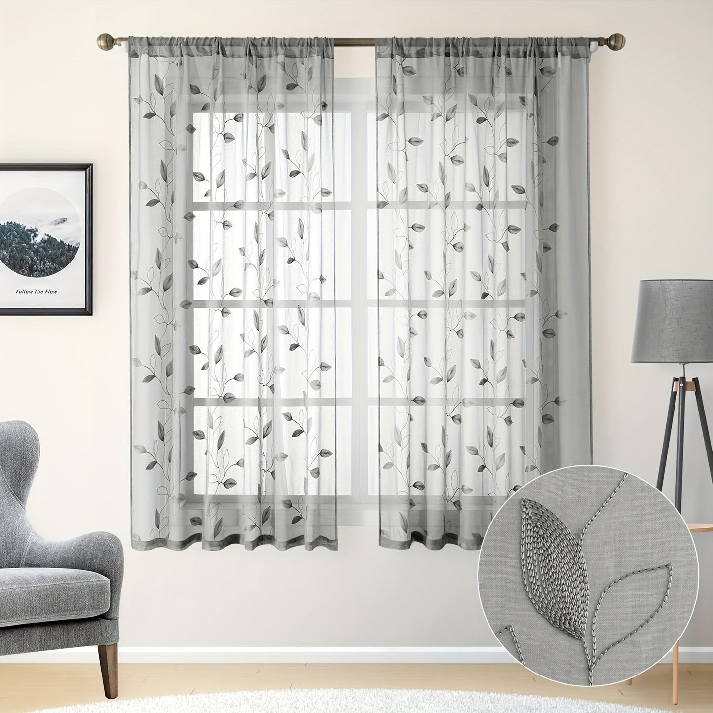 Skorter | Embroidered curtains with leaves - 2 pcs semi-transparent for bedroom and living room