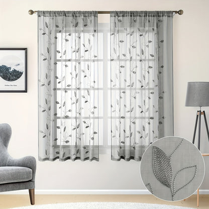 Skorter | Embroidered curtains with leaves - 2 pcs semi-transparent for bedroom and living room