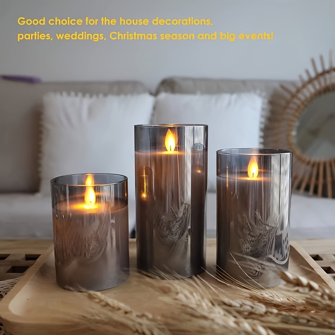 Skorter | 3pcs LED Fireproof Candles, Battery Operated Flickering Flame Pillar Real Wax Moving Flame Electric Light Set Gray Glass Effect With Remote Control Timer, 10.16 Cm, 12.7 Cm, 15.24 Cm, 3 Gray Packaging