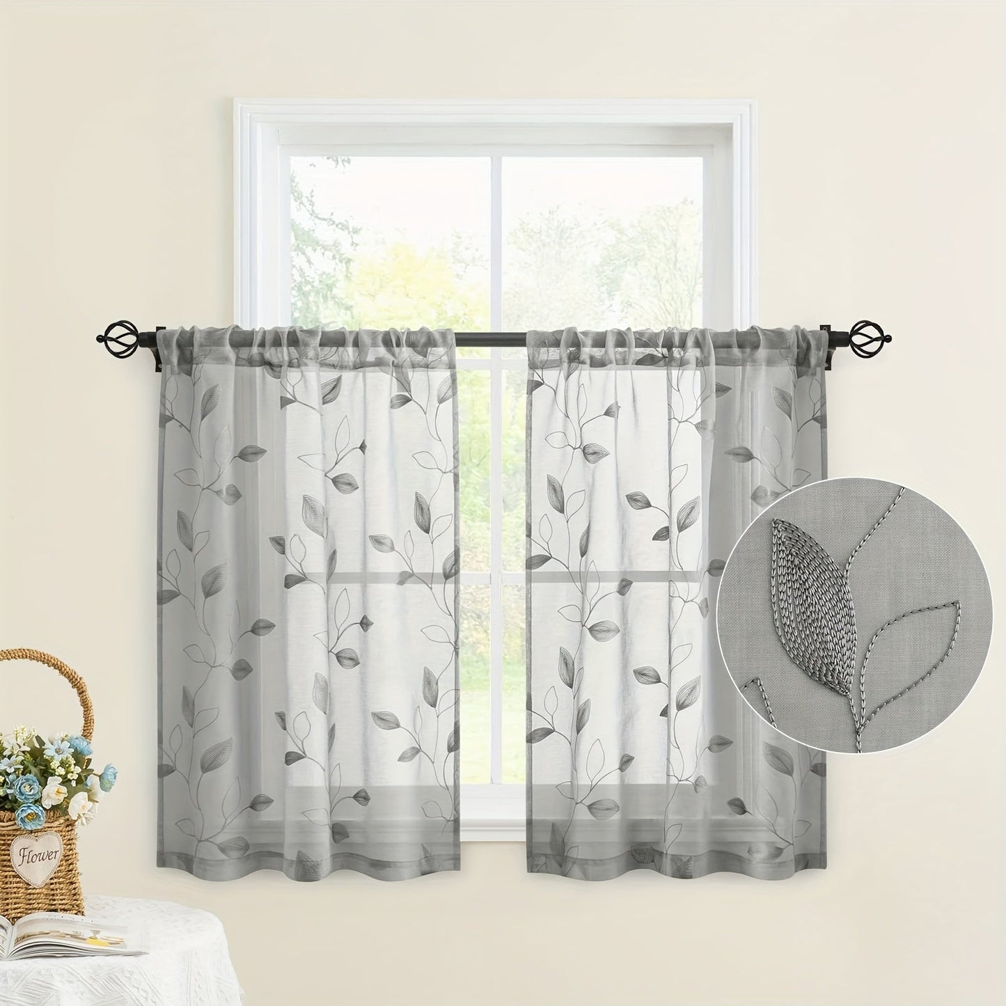 Skorter | Embroidered curtains with leaves - 2 pcs semi-transparent for bedroom and living room