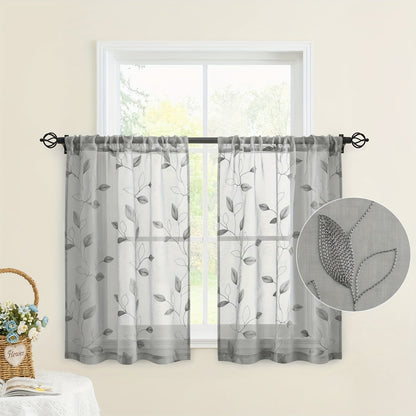 Skorter | Embroidered curtains with leaves - 2 pcs semi-transparent for bedroom and living room