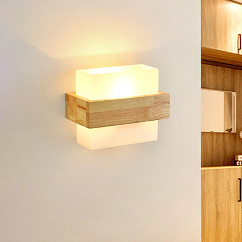 Wood Rectangle Wall Lamp Modernist 1 Head Beige Sconce Light Fixture with White Glass Shade