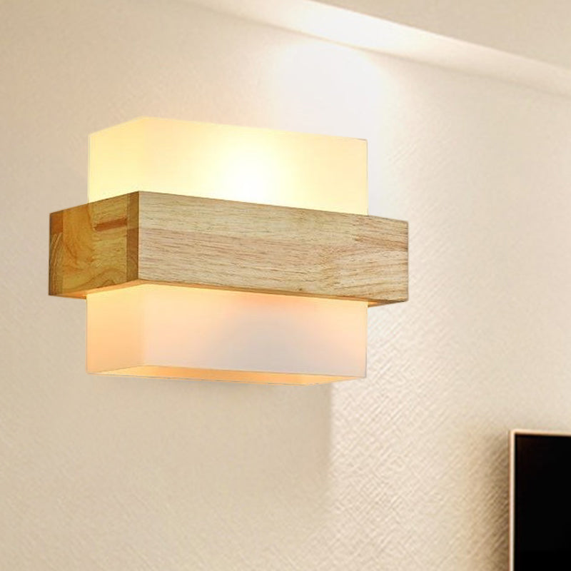 Wood Rectangle Wall Lamp Modernist 1 Head Beige Sconce Light Fixture with White Glass Shade