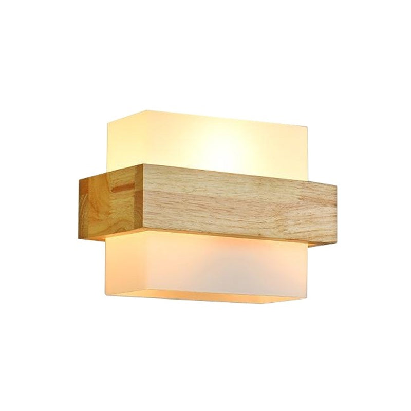 Wood Rectangle Wall Lamp Modernist 1 Head Beige Sconce Light Fixture with White Glass Shade