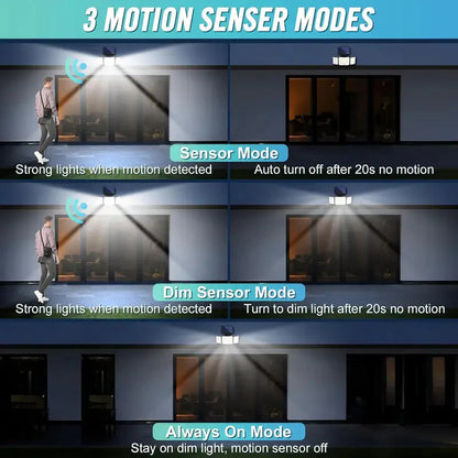 Skorter | 348 LED Motion Sensor Light With Remote Control, 3 Head Security Light, Solar Flood Wall Lamps With 3 Modes