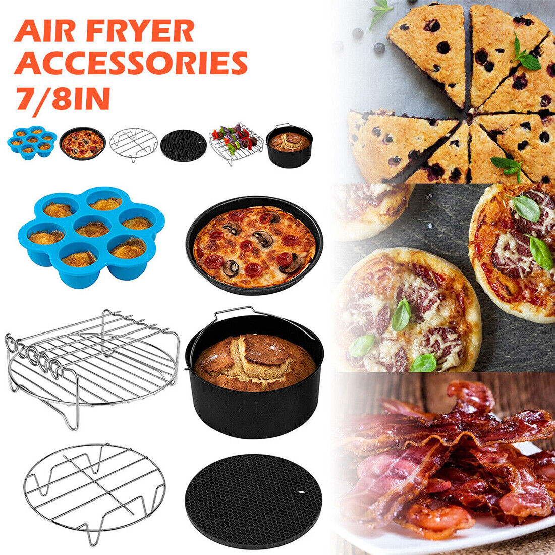 Skorter | 6Pcs 8inch Round Air Fryer Accessories Baking Tray Basket Rack Chip Pizza Pan -