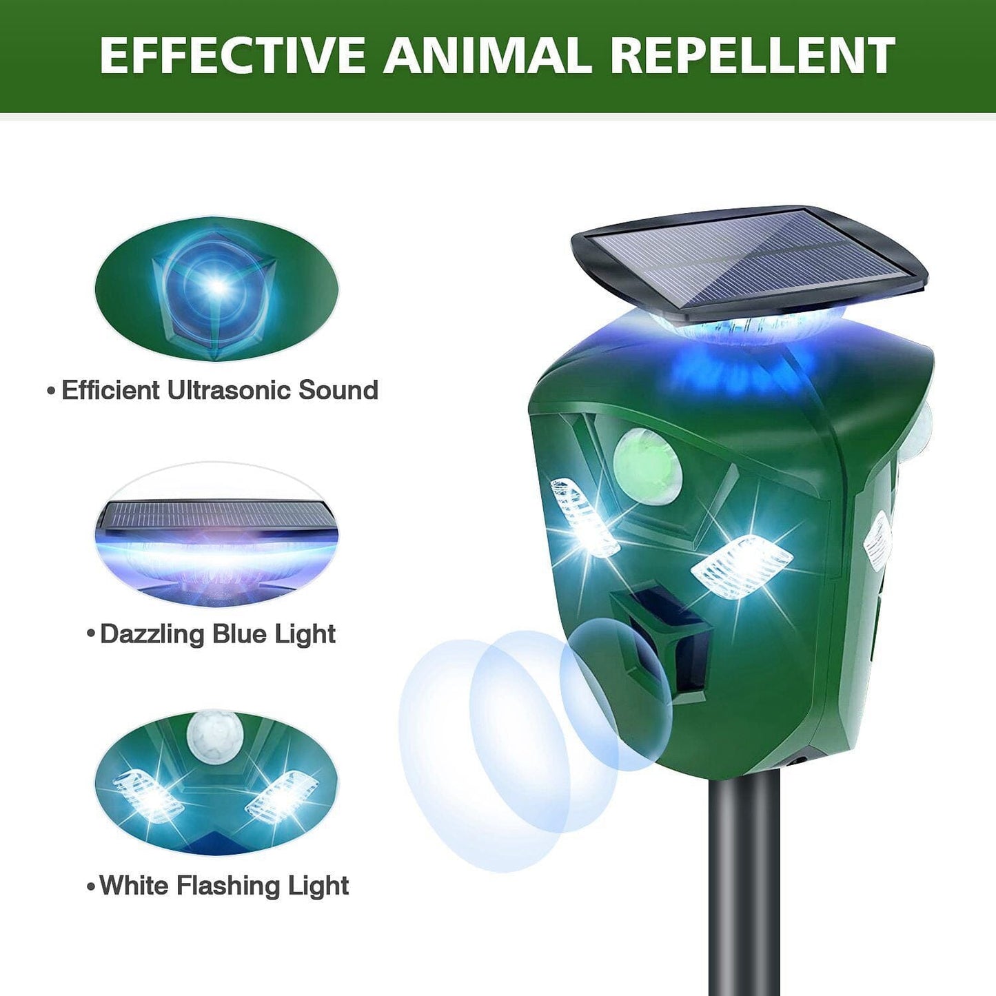 Skorter | 360° Electric Solar Powered Ultrasonic Repeller with Motion Sensor LED Flashlight