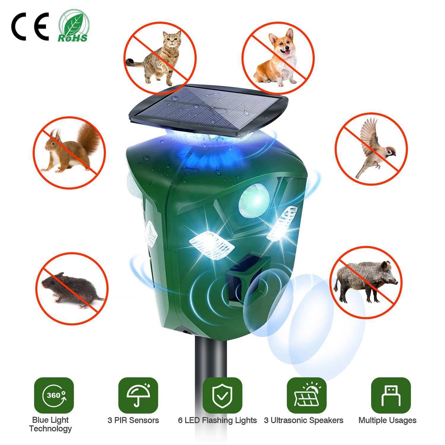 Skorter | 360° Electric Solar Powered Ultrasonic Repeller with Motion Sensor LED Flashlight